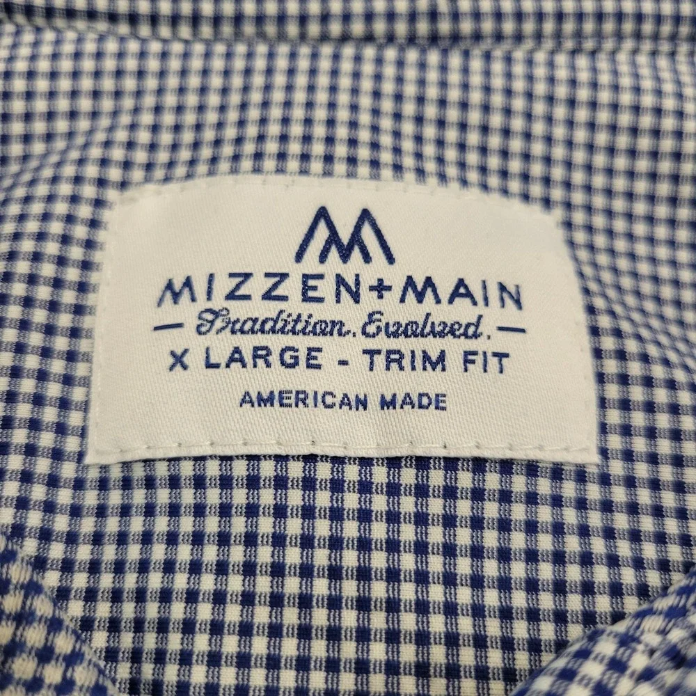 Mizzen + Main Long Sleeve Button Up Shirt Mens Sz XL Trim‎ Fit Blue Check Plaid